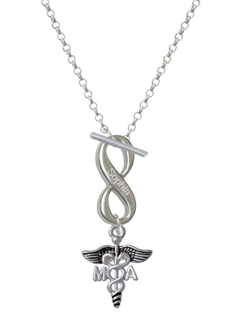 Silver Plated Caduceus - MA - Custom Engraved Infinity Toggle Necklace: Personalized Jewelry Gift - Names, Initials, Dates, Bible Verses