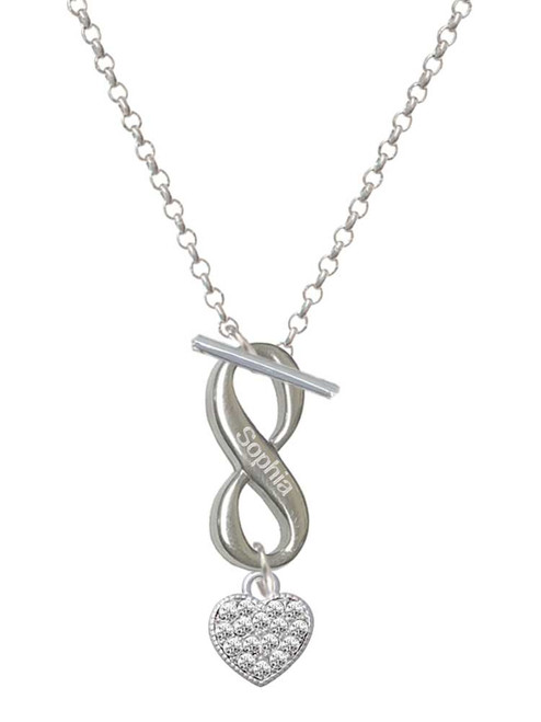 Silver Plated Clear Crystal Heart - Custom Engraved Infinity Toggle Necklace: Personalized Jewelry Gift - Names, Initials, Dates, Bible Verses