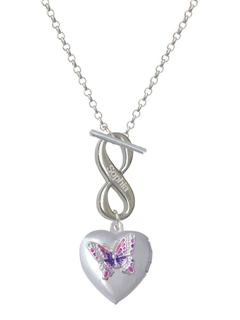 Silver Plated Pink & Purple Butterfly Locket - Custom Engraved Infinity Toggle Necklace: Personalized Jewelry Gift - Names, Initials, Dates, Bible Verses