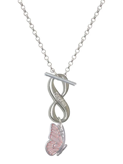 Silver Plated Translucent Pink Flying Butterfly - Custom Engraved Infinity Toggle Necklace: Personalized Jewelry Gift - Names, Initials, Dates, Bible Verses