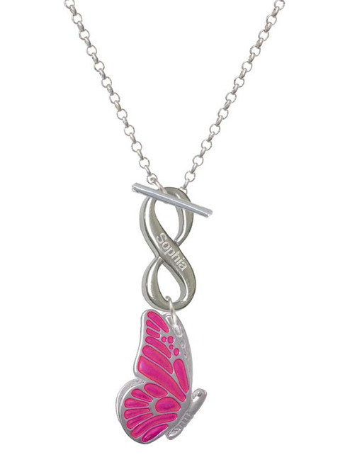 Silver Plated Large Translucent Hot Pink Flying Butterfly - Custom Engraved Infinity Toggle Necklace: Personalized Jewelry Gift - Names, Initials, Dates, Bible Verses