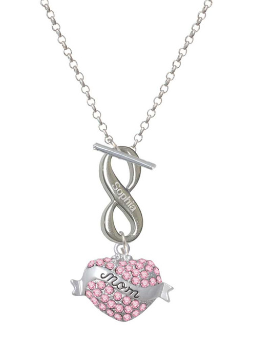Silver Plated Mom Banner on Pink Crystal Heart - Custom Engraved Infinity Toggle Necklace: Personalized Jewelry Gift - Names, Initials, Dates, Bible Verses