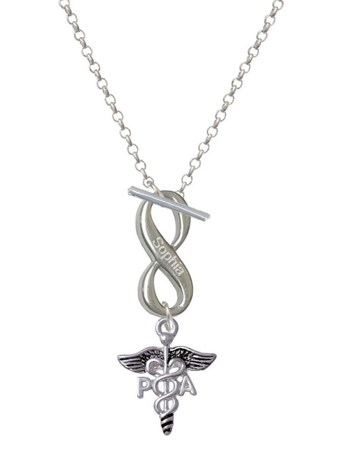 Silver Plated Physician Assistant Caduceus - PA - Custom Engraved Infinity Toggle Necklace: Personalized Jewelry Gift - Names, Initials, Dates, Bible Verses