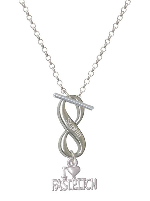 I 'Heart' Fastpitch - Custom Engraved Infinity Toggle Necklace: Personalized Jewelry Gift - Names, Initials, Dates, Bible Verses
