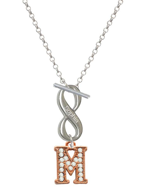 Rose Gold-tone Crystal Initial - M - Custom Engraved Infinity Toggle Necklace: Personalized Jewelry Gift - Names, Initials, Dates, Bible Verses