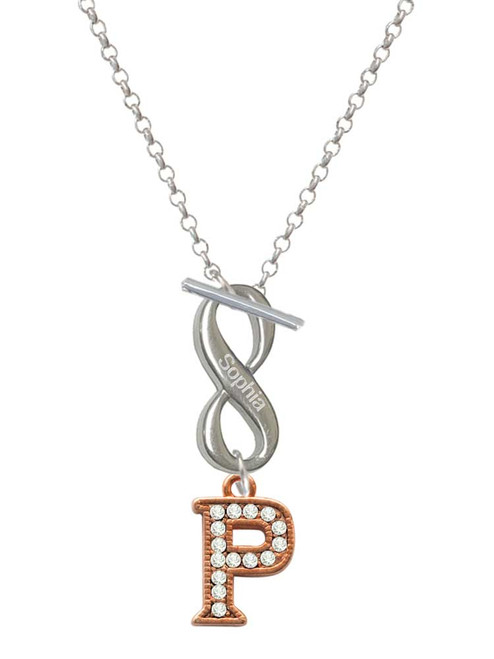 Rose Gold-tone Crystal Initial - P - Custom Engraved Infinity Toggle Necklace: Personalized Jewelry Gift - Names, Initials, Dates, Bible Verses