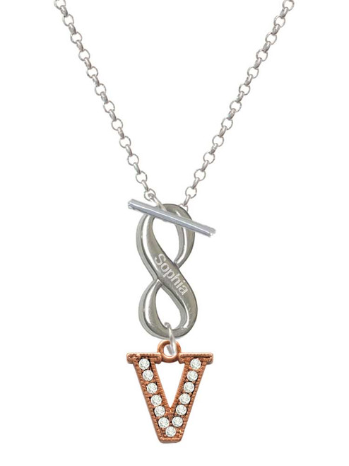 Rose Gold-tone Crystal Initial - V - Custom Engraved Infinity Toggle Necklace: Personalized Jewelry Gift - Names, Initials, Dates, Bible Verses