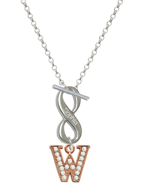 Rose Gold-tone Crystal Initial - W - Custom Engraved Infinity Toggle Necklace: Personalized Jewelry Gift - Names, Initials, Dates, Bible Verses