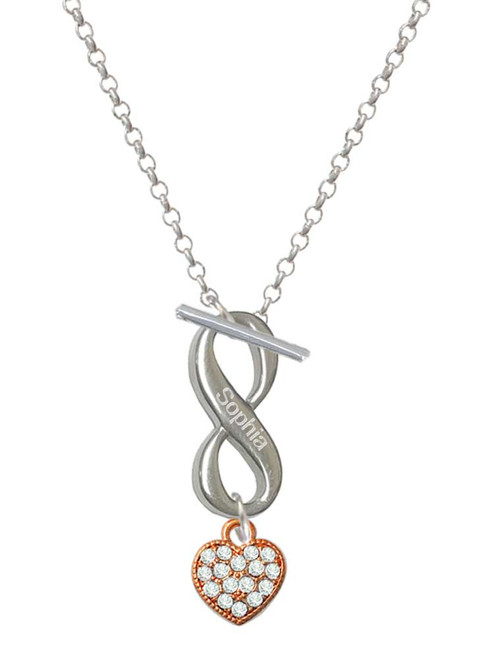Small Rose Gold-tone Heart with Clear Crystals - Custom Engraved Infinity Toggle Necklace: Personalized Jewelry Gift - Names, Initials, Dates, Bible Verses