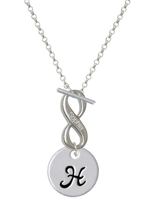 Silver Plated Large Script Letter Disc - H - Custom Engraved Infinity Toggle Necklace: Personalized Jewelry Gift - Names, Initials, Dates, Bible Verses