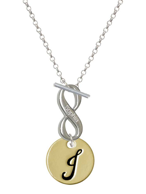 Gold-tone Large Disc Letter - J - Custom Engraved Infinity Toggle Necklace: Personalized Jewelry Gift - Names, Initials, Dates, Bible Verses
