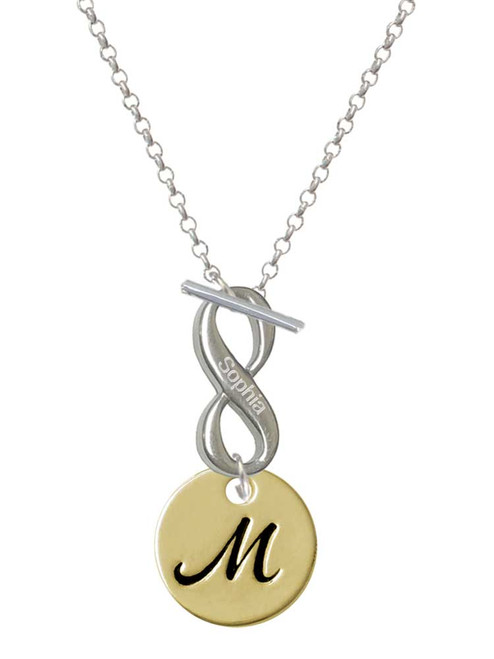 Gold-tone Large Disc Letter - M - Custom Engraved Infinity Toggle Necklace: Personalized Jewelry Gift - Names, Initials, Dates, Bible Verses