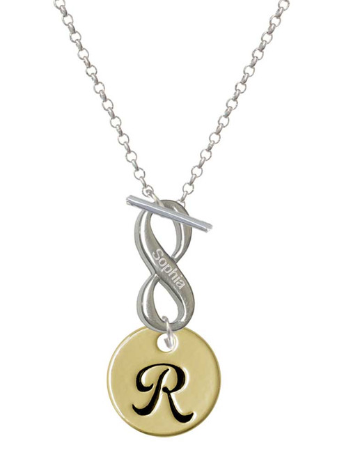 Gold-tone Large Disc Letter - R - Custom Engraved Infinity Toggle Necklace: Personalized Jewelry Gift - Names, Initials, Dates, Bible Verses