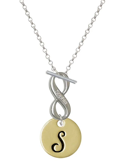 Gold-tone Large Disc Letter - S - Custom Engraved Infinity Toggle Necklace: Personalized Jewelry Gift - Names, Initials, Dates, Bible Verses