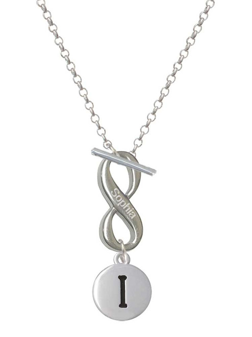 Silver Plated Capital Letter - I - Pebble Disc - Custom Engraved Infinity Toggle Necklace: Personalized Jewelry Gift - Names, Initials, Dates, Bible Verses