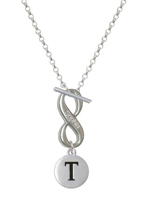 Silver Plated Capital Letter - T - Pebble Disc - Custom Engraved Infinity Toggle Necklace: Personalized Jewelry Gift - Names, Initials, Dates, Bible Verses