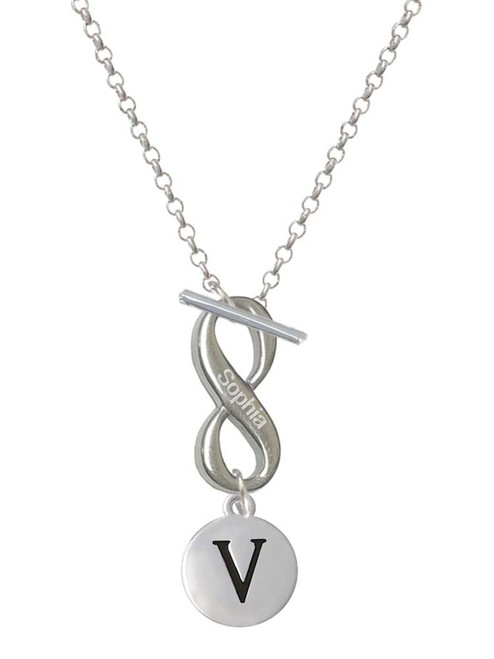 Silver Plated Capital Letter - V - Pebble Disc - Custom Engraved Infinity Toggle Necklace: Personalized Jewelry Gift - Names, Initials, Dates, Bible Verses