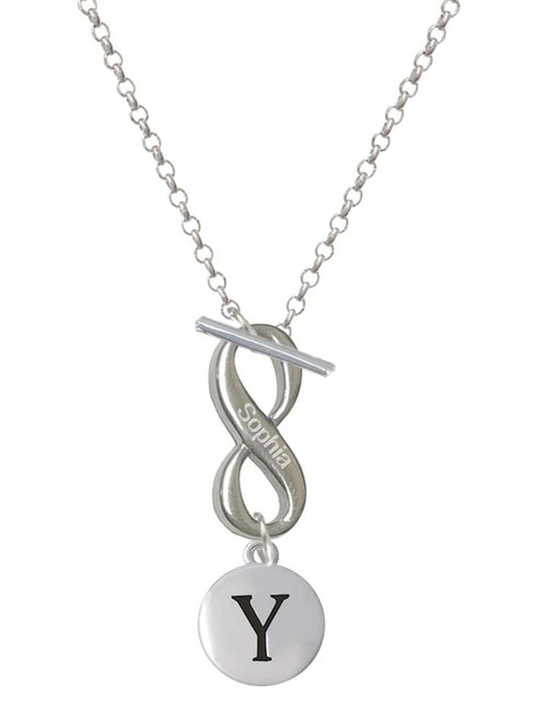 Silver Plated Capital Letter - Y - Pebble Disc - Custom Engraved Infinity Toggle Necklace: Personalized Jewelry Gift - Names, Initials, Dates, Bible Verses
