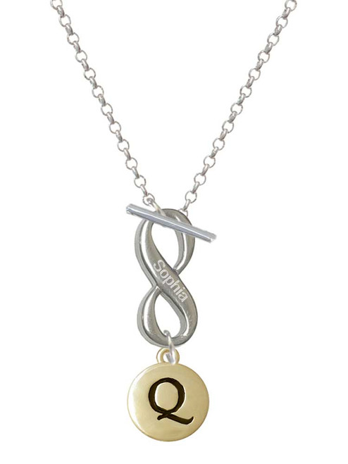 Gold-tone Capital Letter - Q - Pebble Disc - Custom Engraved Infinity Toggle Necklace: Personalized Jewelry Gift - Names, Initials, Dates, Bible Verses