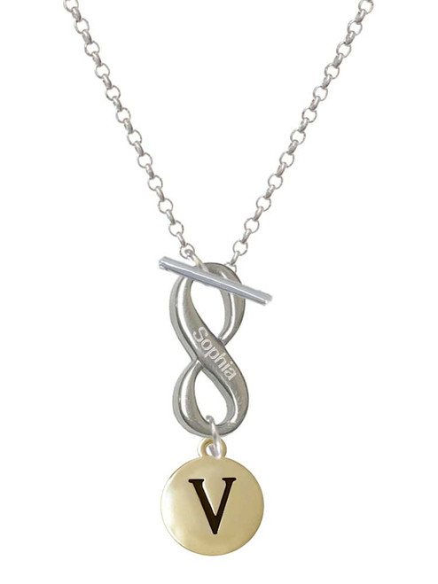 Gold-tone Capital Letter - V - Pebble Disc - Custom Engraved Infinity Toggle Necklace: Personalized Jewelry Gift - Names, Initials, Dates, Bible Verses