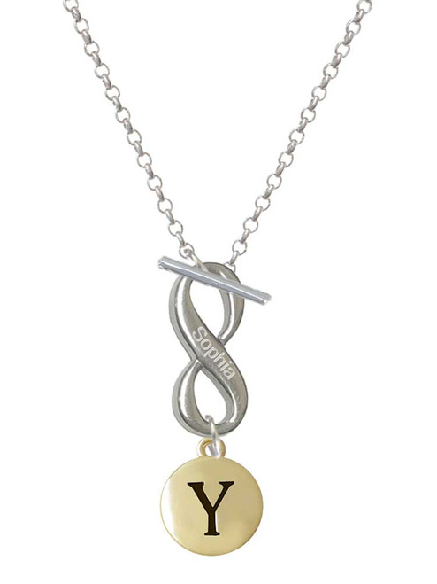 Gold-tone Capital Letter - Y - Pebble Disc - Custom Engraved Infinity Toggle Necklace: Personalized Jewelry Gift - Names, Initials, Dates, Bible Verses