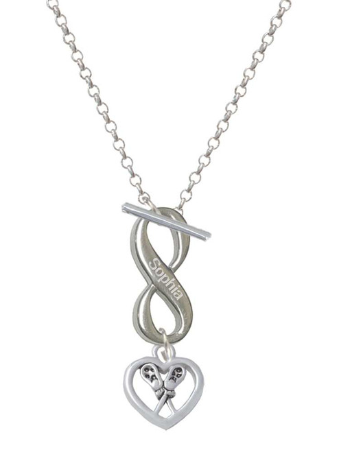 Lacrosse Sticks on Open Heart - Custom Engraved Infinity Toggle Necklace: Personalized Jewelry Gift - Names, Initials, Dates, Bible Verses