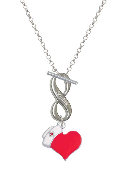 Silver Plated Red Heart with Nurse Hat - Custom Engraved Infinity Toggle Necklace: Personalized Jewelry Gift - Names, Initials, Dates, Bible Verses