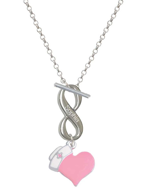 Silver Plated Pink Heart with Nurse Hat - Custom Engraved Infinity Toggle Necklace: Personalized Jewelry Gift - Names, Initials, Dates, Bible Verses