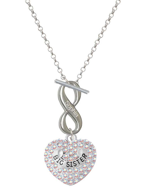 Silver Plated Big Sister Rock on AB Crystal Heart - Custom Engraved Infinity Toggle Necklace: Personalized Jewelry Gift - Names, Initials, Dates, Bible Verses