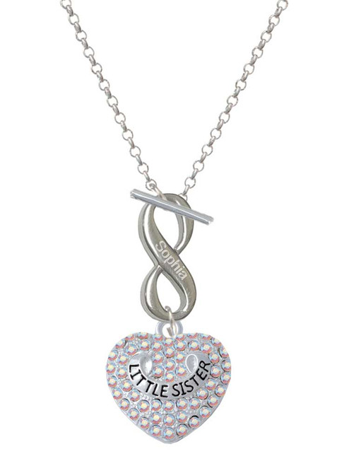 Silver Plated Little Sister on AB Crystal Heart - Custom Engraved Infinity Toggle Necklace: Personalized Jewelry Gift - Names, Initials, Dates, Bible Verses