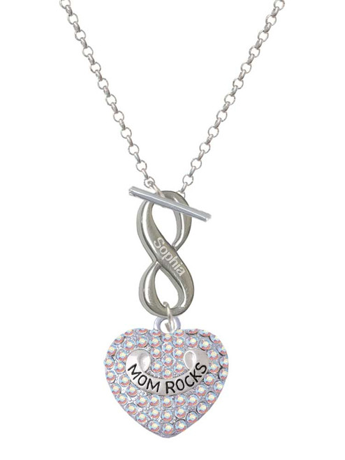 Silver Plated Mom Rocks on AB Crystal Heart - Custom Engraved Infinity Toggle Necklace: Personalized Jewelry Gift - Names, Initials, Dates, Bible Verses