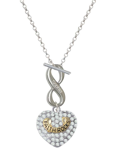 Two-tone 'Faith Rocks' on Clear Crystal Heart - Custom Engraved Infinity Toggle Necklace: Personalized Jewelry Gift - Names, Initials, Dates, Bible Verses