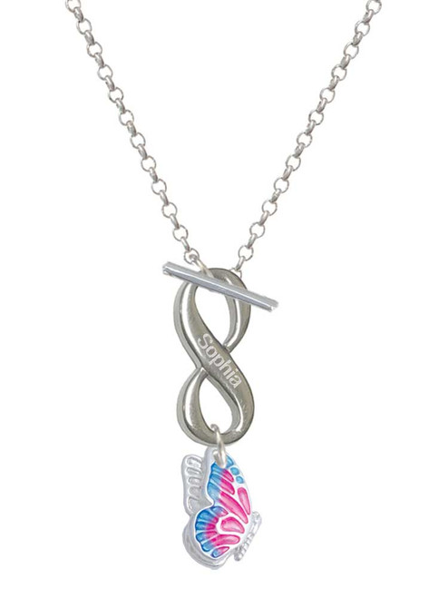 Silver Plated Translucent Hot Pink & Blue Flying Butterfly - Custom Engraved Infinity Toggle Necklace: Personalized Jewelry Gift - Names, Initials, Dates, Bible Verses