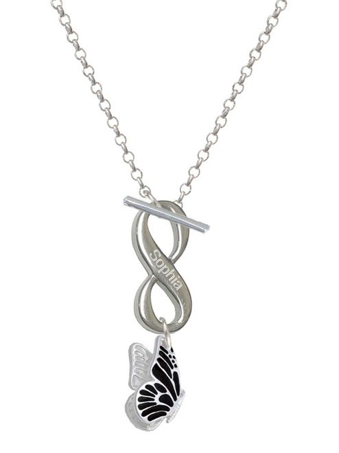 Silver Plated Black Flying Butterfly - Custom Engraved Infinity Toggle Necklace: Personalized Jewelry Gift - Names, Initials, Dates, Bible Verses