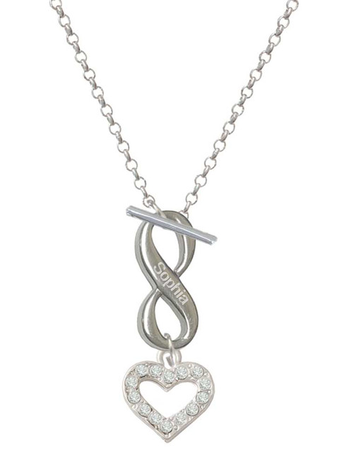Silver Plated Crystal Open Heart - Custom Engraved Infinity Toggle Necklace: Personalized Jewelry Gift - Names, Initials, Dates, Bible Verses