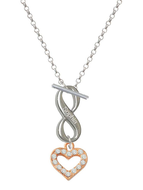 Rose Gold-tone Crystal Open Heart - Custom Engraved Infinity Toggle Necklace: Personalized Jewelry Gift - Names, Initials, Dates, Bible Verses