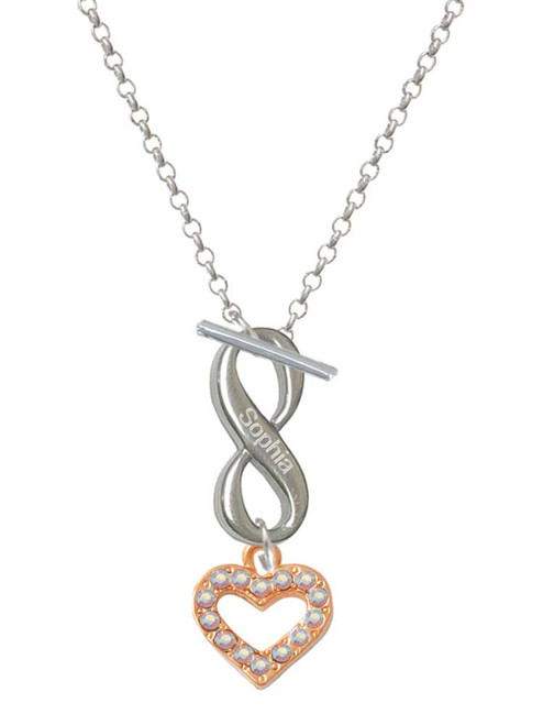 Rose Gold-tone AB Crystal Open Heart - Custom Engraved Infinity Toggle Necklace: Personalized Jewelry Gift - Names, Initials, Dates, Bible Verses