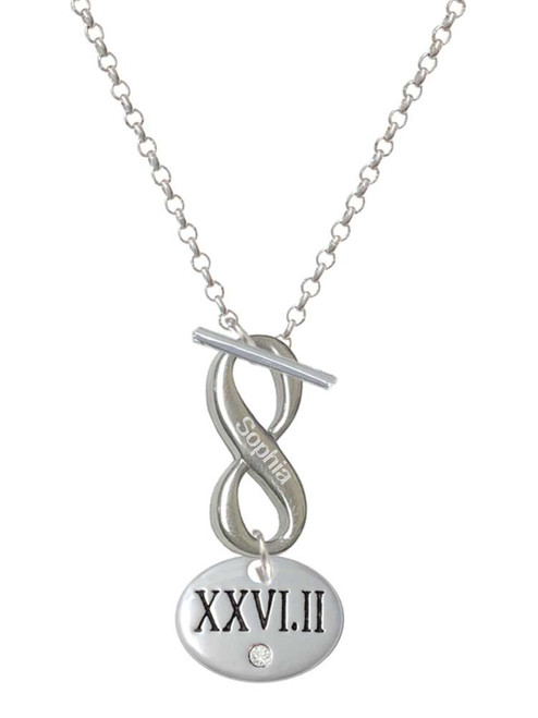 Silver Plated Marathon with Clear Crystal Roman Numeral - Custom Engraved Infinity Toggle Necklace: Personalized Jewelry Gift - Names, Initials, Dates, Bible Verses