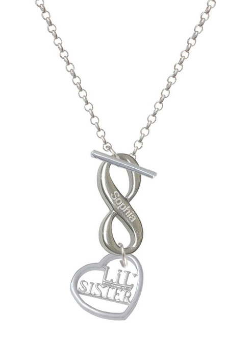 Silver Plated Lil Sister in Open Heart - 5/8'' - Custom Engraved Infinity Toggle Necklace: Personalized Jewelry Gift - Names, Initials, Dates, Bible Verses