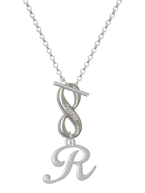 Silver Plated Small Gelato Script Initial - R - Custom Engraved Infinity Toggle Necklace: Personalized Jewelry Gift - Names, Initials, Dates, Bible Verses