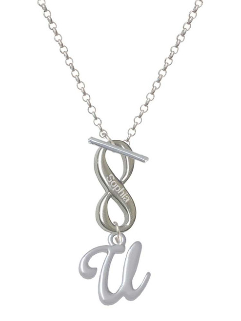 Silver Plated Small Gelato Script Initial - U - Custom Engraved Infinity Toggle Necklace: Personalized Jewelry Gift - Names, Initials, Dates, Bible Verses