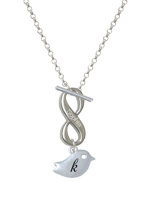 Silver Plated Little Bird Initial - K - Custom Engraved Infinity Toggle Necklace: Personalized Jewelry Gift - Names, Initials, Dates, Bible Verses