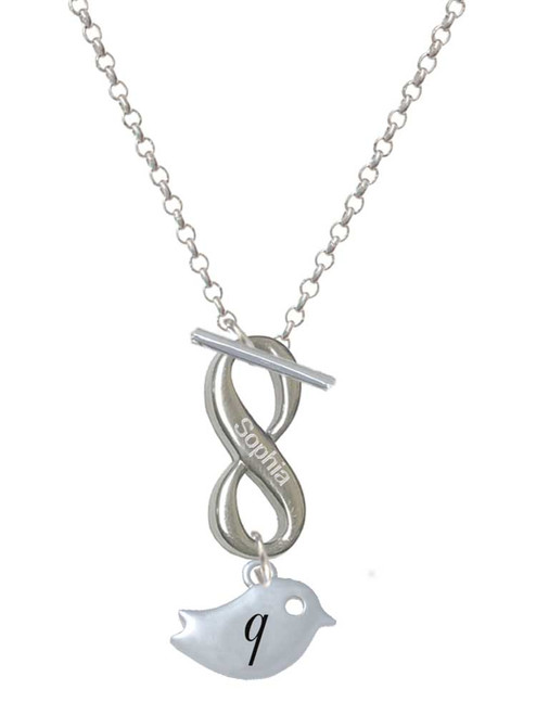 Silver Plated Little Bird Initial - Q - Custom Engraved Infinity Toggle Necklace: Personalized Jewelry Gift - Names, Initials, Dates, Bible Verses
