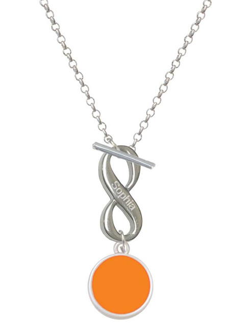 Silver Plated Small Orange Enamel Disc - Custom Engraved Infinity Toggle Necklace: Personalized Jewelry Gift - Names, Initials, Dates, Bible Verses