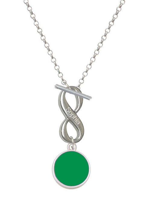 Silver Plated Small Green Enamel Disc - Custom Engraved Infinity Toggle Necklace: Personalized Jewelry Gift - Names, Initials, Dates, Bible Verses