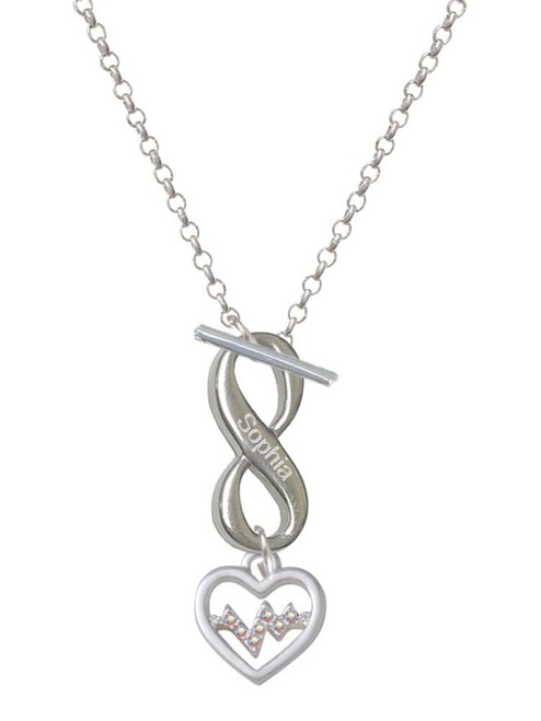 Silver Plated Heart with AB Crystal Heartbeat - Custom Engraved Infinity Toggle Necklace: Personalized Jewelry Gift - Names, Initials, Dates, Bible Verses