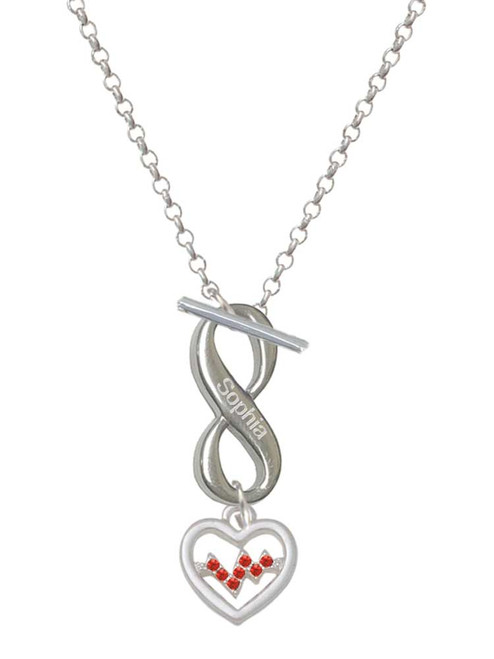 Silver Plated Heart with Red Crystal Heartbeat - Custom Engraved Infinity Toggle Necklace: Personalized Jewelry Gift - Names, Initials, Dates, Bible Verses