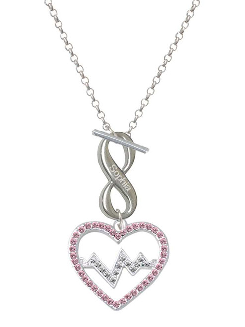Silver Plated Large Pink Crystal Heart with Clear Heartbeat - Custom Engraved Infinity Toggle Necklace: Personalized Jewelry Gift - Names, Initials, Dates, Bible Verses