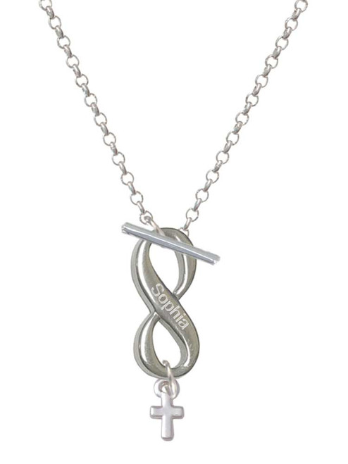 Silver Plated Super Mini Simple Cross - Custom Engraved Infinity Toggle Necklace: Personalized Jewelry Gift - Names, Initials, Dates, Bible Verses