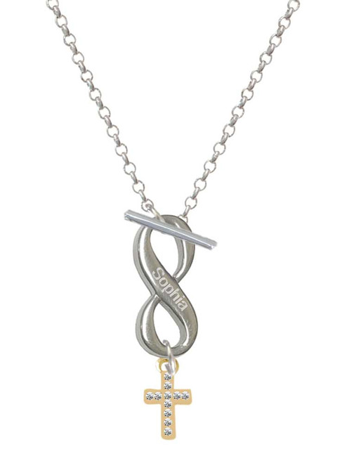Gold-tone Small Crystal Cross - Custom Engraved Infinity Toggle Necklace: Personalized Jewelry Gift - Names, Initials, Dates, Bible Verses